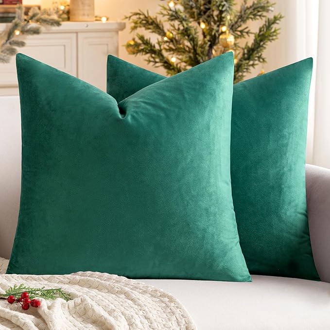 MIULEE Pack of 2 Velvet Soft Solid Decorative Square Throw Pillow Covers Christmas Cushion Case for Couch Sofa Bedroom Car 20x20 Inch Green