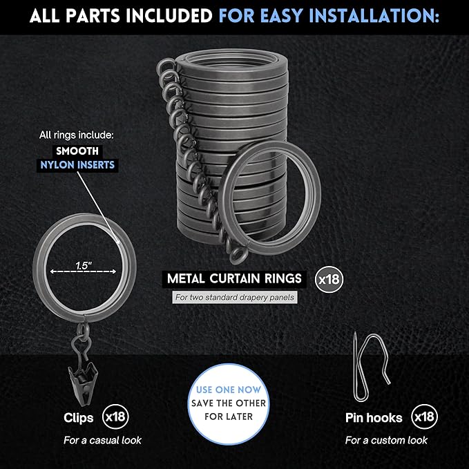 BlastHome® Luxury Curtain Rings - Premium Metal with Quiet, Smooth Nylon Inserts - Pinhooks and Clips Included - 1 1/2" Inside Diameter - 18 Rings for Two Standard Curtains - Gunmetal/Pewter