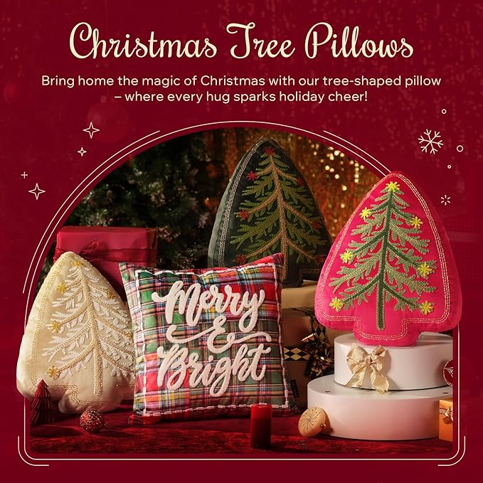 Phantoscope Merry Christmas Tree Decorative Throw Pillow, Velvet Beads Embroidery 3D Shaped Cushion, Suitable for Sofas, Living Rooms, and Beds, Beige, 18 x 14 in
