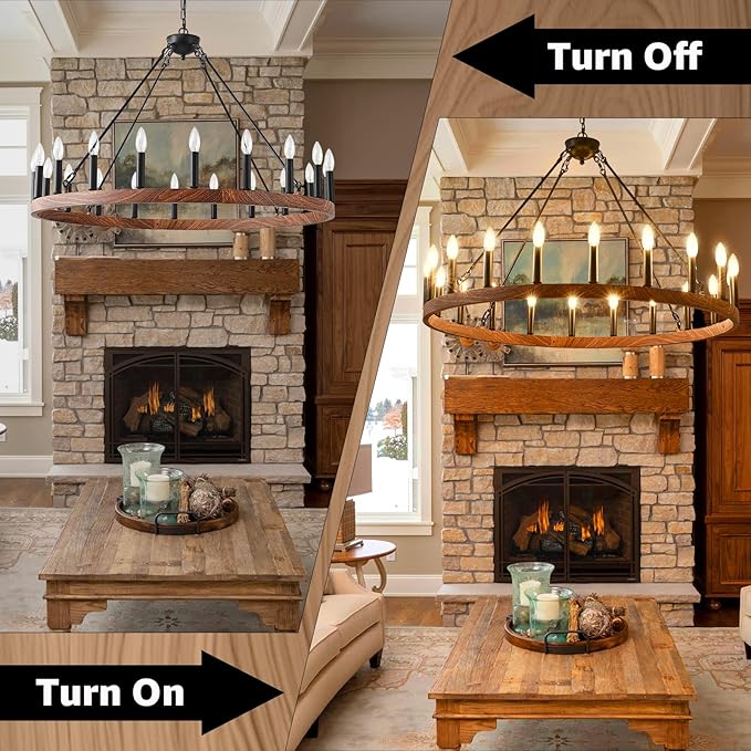 Wagon Wheel Chandelier 40" with Wood Grain Finish, 20-Light Farmhouse Wagon Wheel Chandelier for Dining Room, Modern Round Iron Candle Chandeliers Light for Living Room, Foyer, Entryway, E12