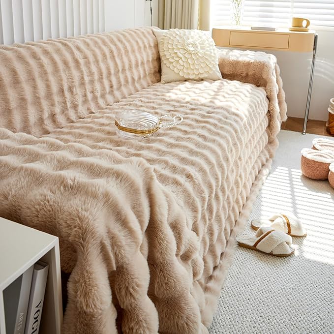 HANDONTIME Plush Sofa Slipcovers Washable Couch Cover for Sofa Super Soft Faux Fur Sofa Covers for 3 Couch Cousion Soild Khaki Rabbit Plush Couch Cushion Covers for Kids Pets, 71" X118"