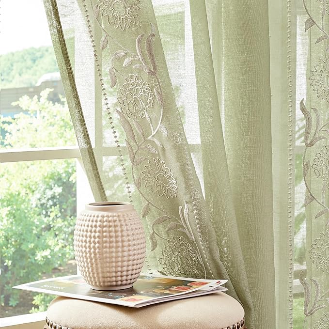 jinchan Winslow Sheer Curtains 63 Inch Length for Dorm Bedroom Bordered Floral Pattern Decorations Short Curtains Light Filtering Window Treatments, 50W x 63L, Ivory on Sage, 2 Panels
