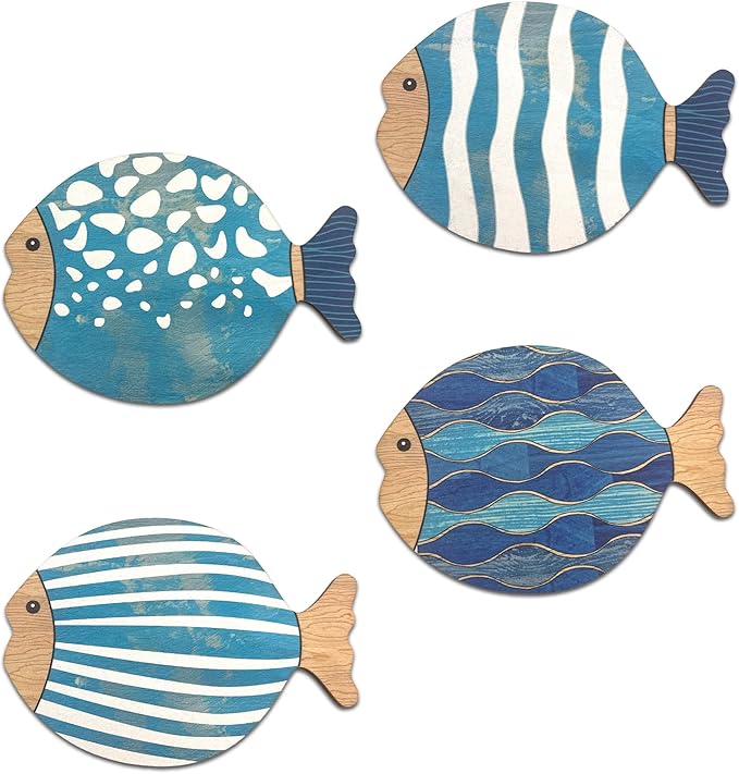 Vumyhuby Wooden Fish Wall Art with Coastal Ocean Theme Decor - Handcrafted Natural Wood Fishs Wall Sculpture Set of 4, Rustic Hanging for Linving Room, Beach, Nautical, or Coastal Home Decoration, Unique Gifts,B