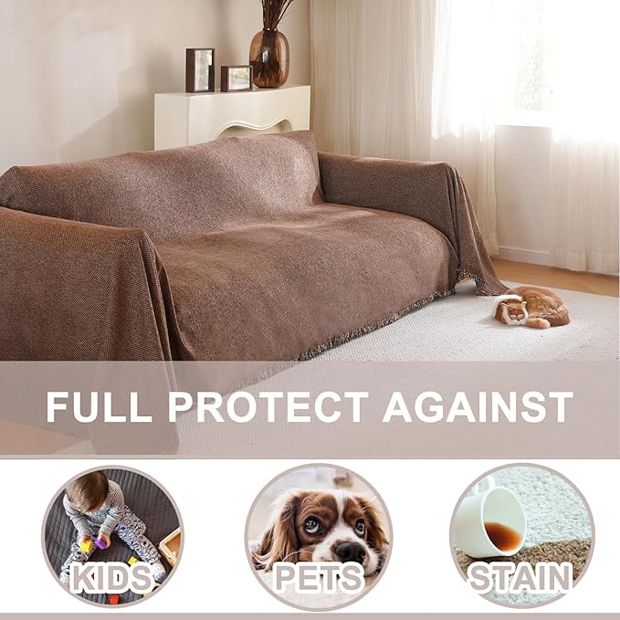 Couch Cover with Tassel Pet Loveseat Protector Brown Boho Herringbone Chenille Sofa Covers for Sectional 2 Seat Couch Furniture Protector for Pets, Kids(Chocolate, Large, 71" x 118")