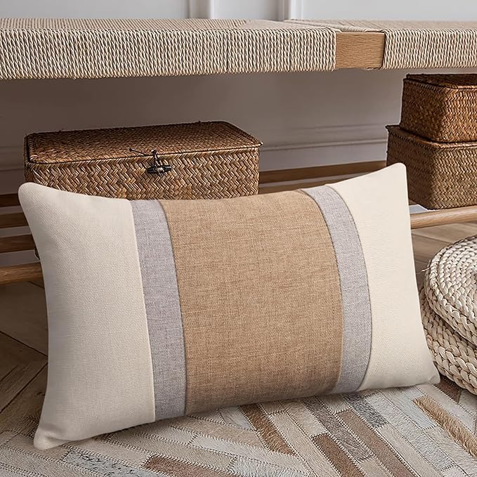 Pyonic Pillow Covers 12x20 Farmhouse Decor Patchwork Linen Throw Lumbar Pillow Covers White and Grey Boho Accent Cushion Covers for Couch Sofa,Set of 2