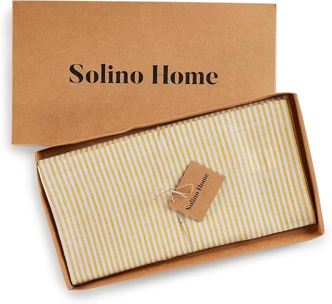 Solino Home Linen Square Tablecloth 52 x 52 Inch - Narrow Stripe, 100% Pure Linen Spicy Mustard and White Table Throw - Machine Washable Tablecloth