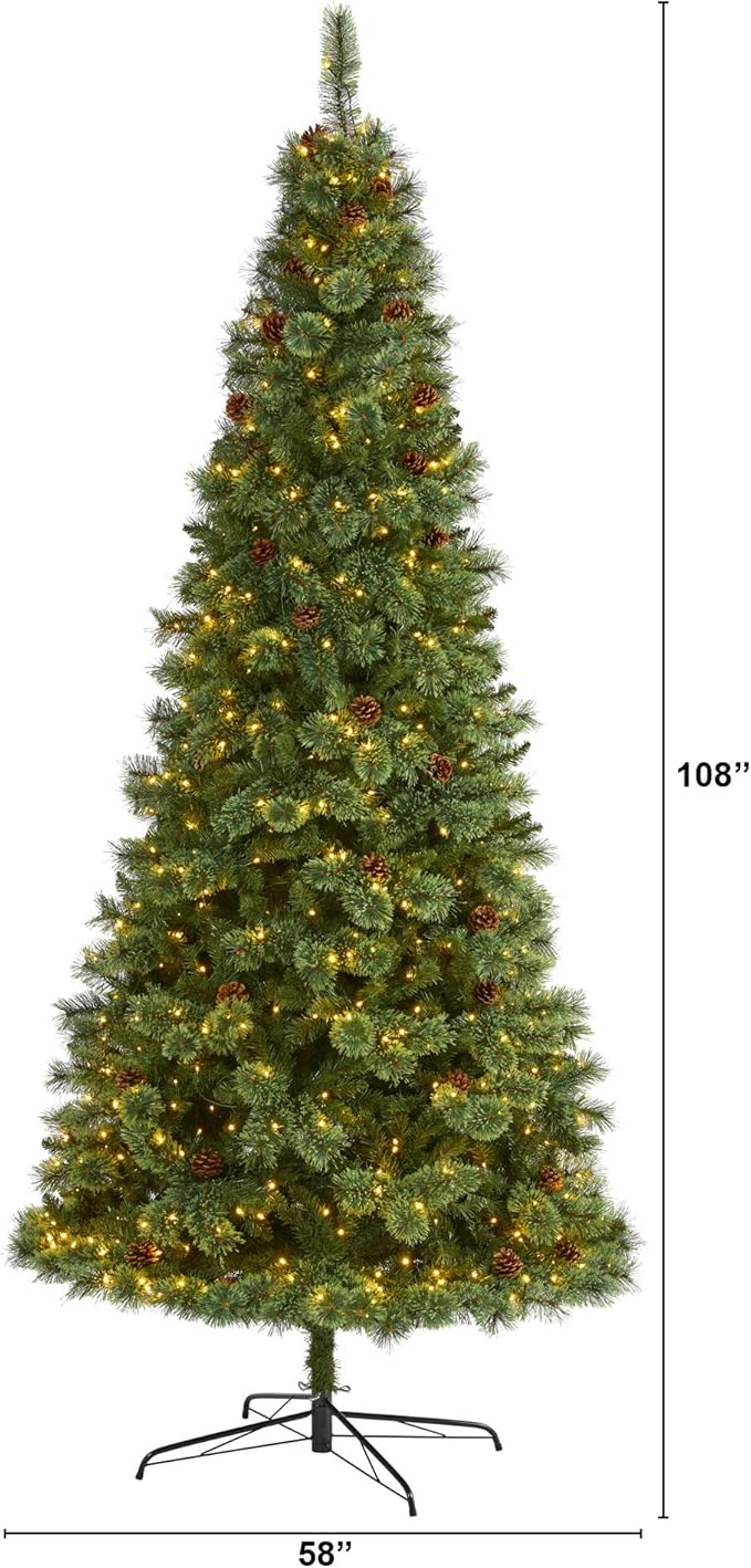 Nearly Natural 9ft. White Mountain Pine Artificial Christmas Tree with 650 Clear LED Lights and Pine Cones