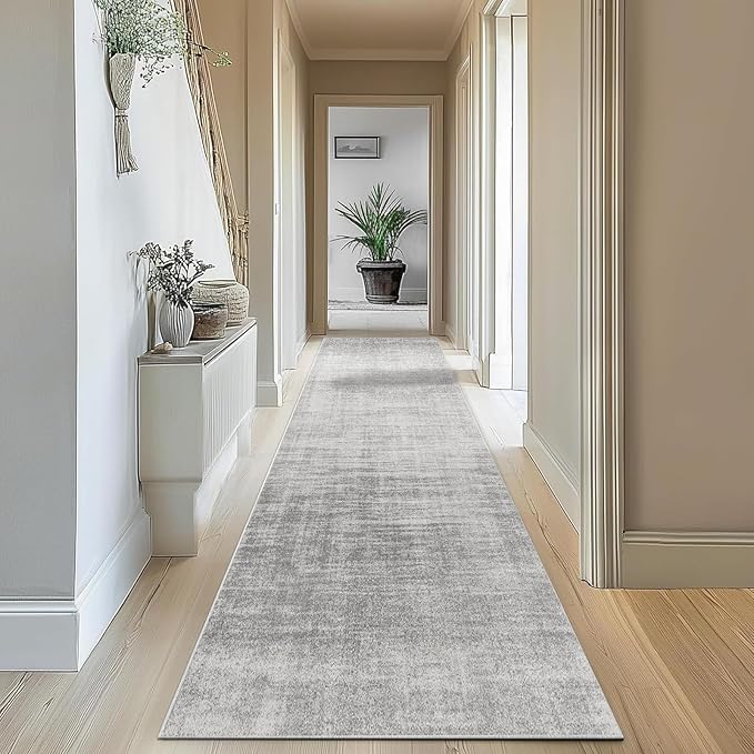 Enkor Runner Rugs for Hallway, 2'7"x10'6" Washable Soft Non Slip Abstract Rugs for Kitchen, Modern Mat for Entryway Living Room Bedroom Light Grey
