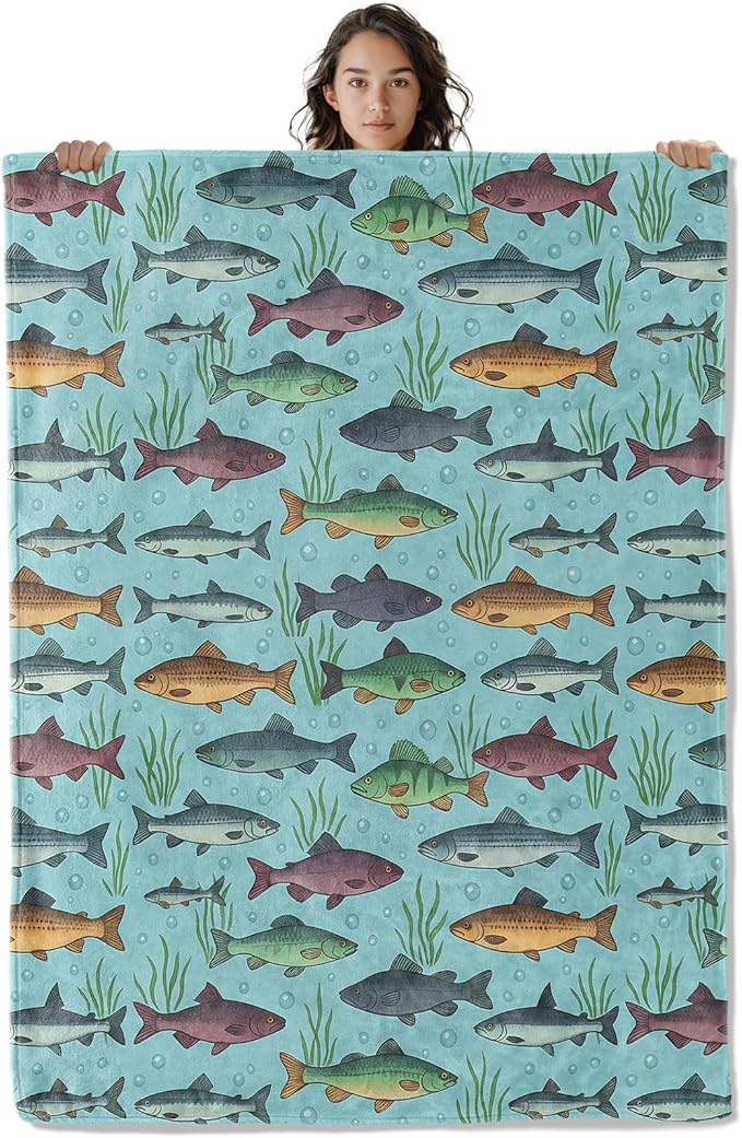 Colorful Fish Blanket, Aquatic Ocean Theme 50 x 40 Inch Flannel Throw Blanket, Gifts for Women Kids, Lightweight Cozy Warm Blankets for Sofa Travel Home Decor