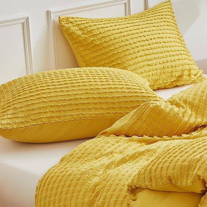 WARMDERN Boho Duvet Cover Set Queen Size,Yellow Striped Duvet Cover Microfiber Bedding Set,3PCS Ultra Soft Breathable Lightweight Tuft Texture Pattern Duvet Covers with Zipper Closure(Yellow,Queen)