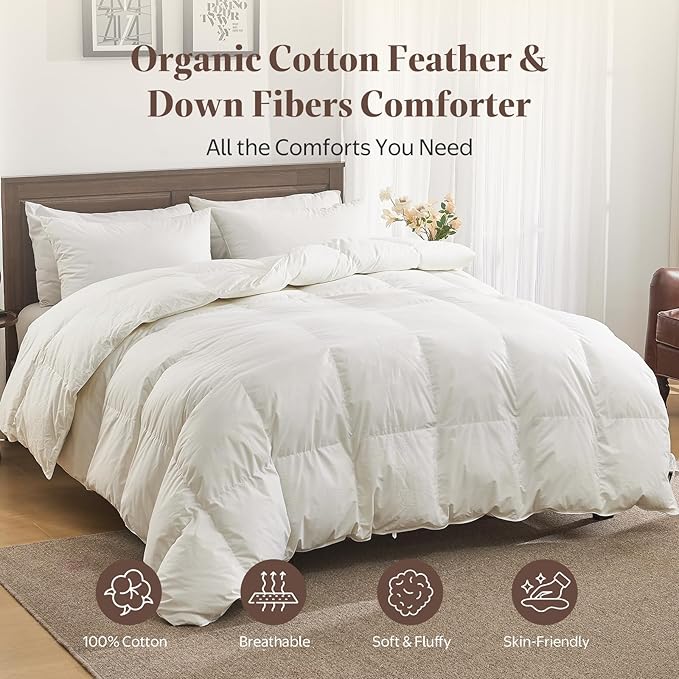 Organic Feather Down Fiber Comforter King Size - 100% Cotton Shell All Season Duvet Insert, Medium Warmth Hotel Luxury Bedding Comforter(106x90 Inch, White)