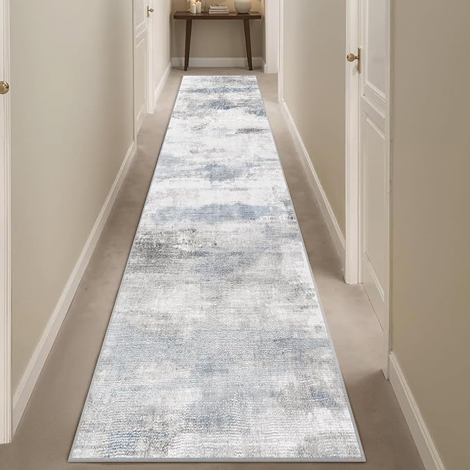 Enkor Runner Rug for Hallway, 2x10 Washable Soft Non Slip Abstract Rug for Kitchen, Modern Mat for Entryway Living Room Bedroom Blue & Grey