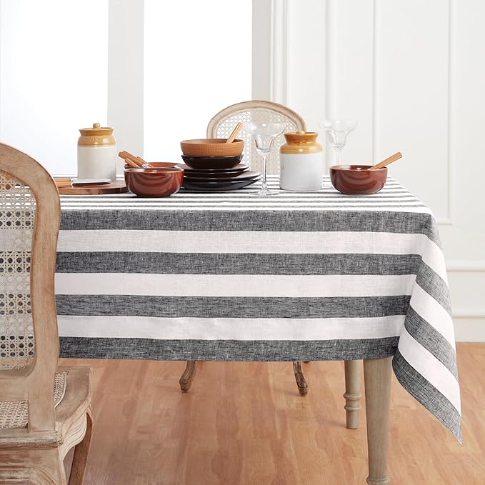 Solino Home Linen Tablecloth 60 x 90 Inch - Cabana Stripe 100% Pure Linen Black and White Table Cloth for Rectangle Tables - Machine Washable Tablecloth for Fall, Thanksgiving, Holiday