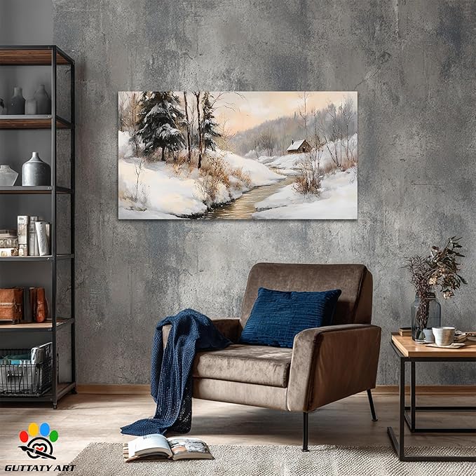 GUTTATY Christmas Winter Scene Canvas Wall Art, Snowy Landscape Wall Painting, Tranquil River Cabin Canvas Prints, Winter Poster Wall Decor for Living Room, Bedroom, Holiday Home, 32x16 Inch