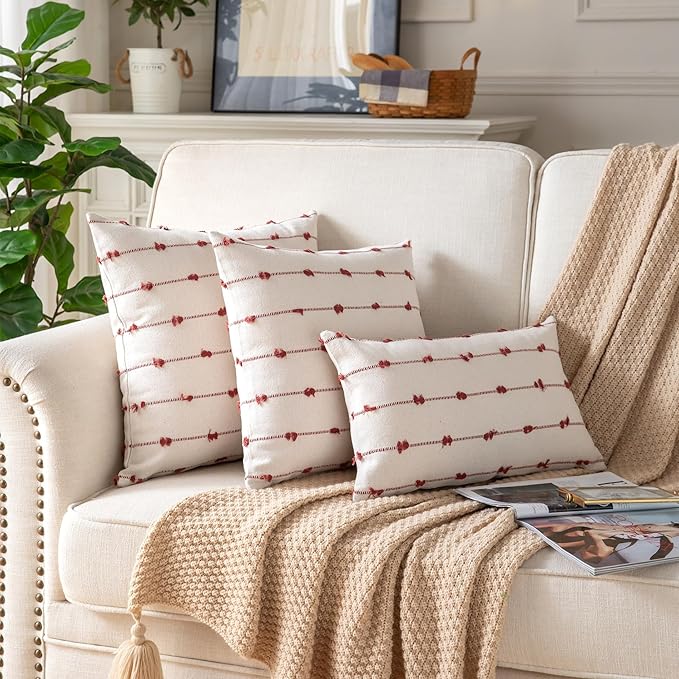 Caflife Boho Throw Pillow Covers 12x20 inches Beige and Rust, Set of 2 Modern Farmhouse Decorative Pillow Covers for Couch Bed, Living Room