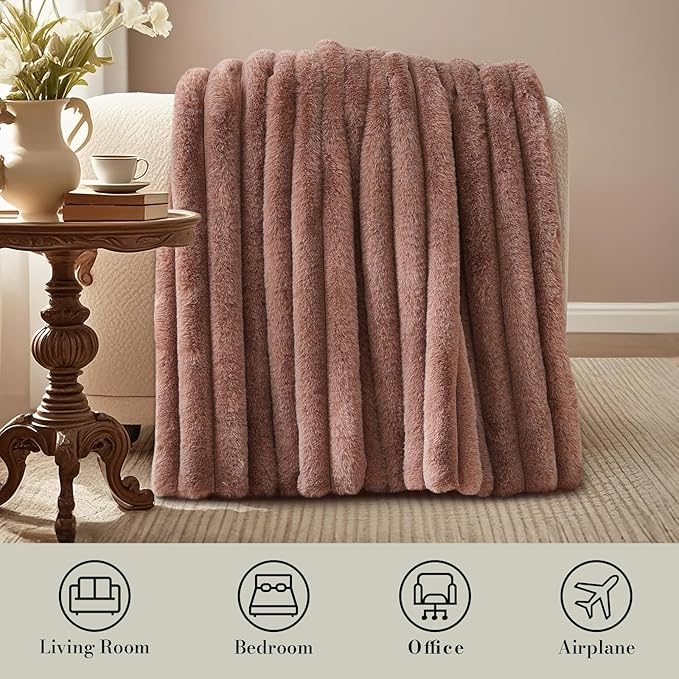 Amélie Home Faux Fur Throw Blanket for Couch, Ultra Cozy Fuzzy Fluffy Fur Luxurious Soft Striped Plush Gift Blankets for Family Sofa Chair Bedroom, 60"x80", Cationic Fox Brown
