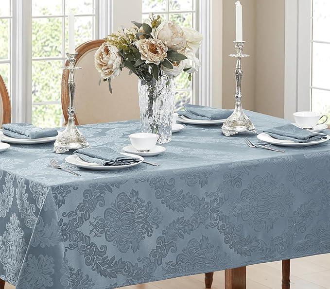 Newbridge Barcelona Damask Fabric Tablecloth, 60 x 120 Inch Rectangle, Blue – No Iron, Soil Resistant Table Cover for Dining, Parties and Holidays