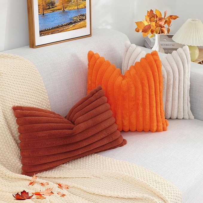 decorUhome Faux Fur Thanksgiving Day Throw Pillow Covers 26x26 Set of 2, Decorative Soft Plush Striped Neutral Couch Euro Pillow Covers with Velvet Back for Sofa, Bed, Living Room Home Decor, Rust