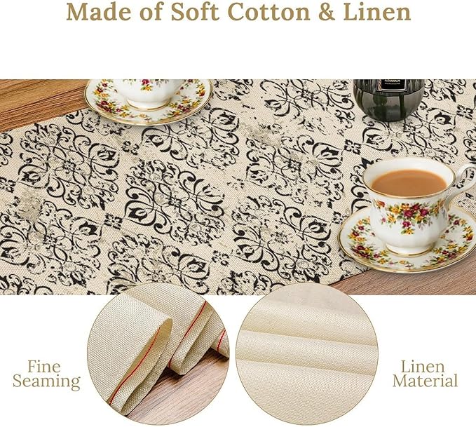 Damask Floral Table Runner, Vintage Black White Royal Floral Antique Gothic Dark Flower Table Runner for Kitchen Dining Weddings Party Decor 13x120in