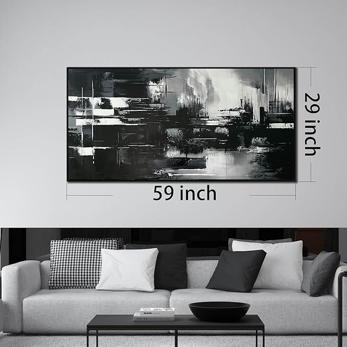 Hand Painted Abstract Canvas Wall Art for Living Room - Black and White Pictures for Office Wall Decor - Large Modern Wall Art Size 29" x 59"