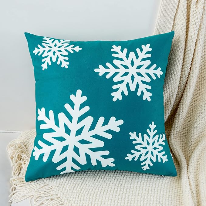 HWY 50 Teal Decorative Throw Pillow Covers 18x18 Inch for Couch Sofa Living Room Bed, Soft Square Throw Pillows Cases Cushion Cover with Christmas Snowflakes Print Pack of 2