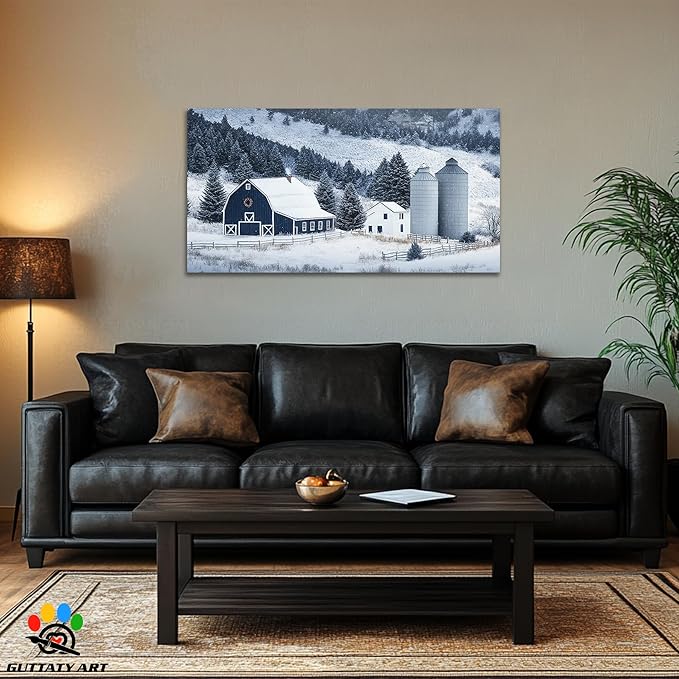 GUTTATY Christmas Winter Scene Canvas Wall Art, Barn Snow Farm Landscape Canvas Prints, Holiday Pictures Artwork, Blue White Country Wall Decor Poster for Living Room, Bedroom, Farmhouse, 48x24 Inch