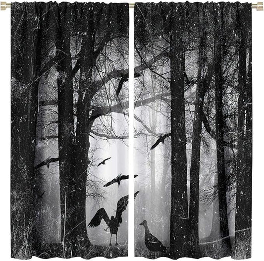 Gothic Forest Blackout Window Curtains, Halloween Style Foggy Forest Dead Trees Crow Print Curtains, for Bedroom Living Room 26(W)*84(L) 2 Panels