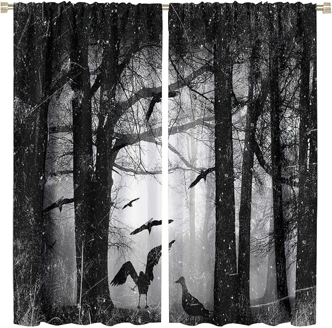 Gothic Forest Blackout Window Curtains, Halloween Style Foggy Forest Dead Trees Crow Print Curtains, for Bedroom Living Room 21(W)*63(L) 2 Panels