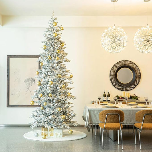 Glitzhome 10ft Prelit Christmas Tree, Artificial Flocked Christmas Tree with 2335 PE&PVC Branch Tips, Deluxe Majestic Frostfall Fir Holiday Tree w/700 Warm White Lights, Three Function, Easy Assembly