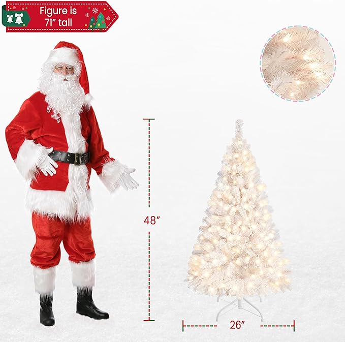 Yaheetech 4ft Pre-lit Spruce Artificial Hinged Christmas Pine Tree Prelighted Xmas Tree for Home Party Holiday Decoration with 70 Clear Warm White Lights and 110 Branch Tips, White