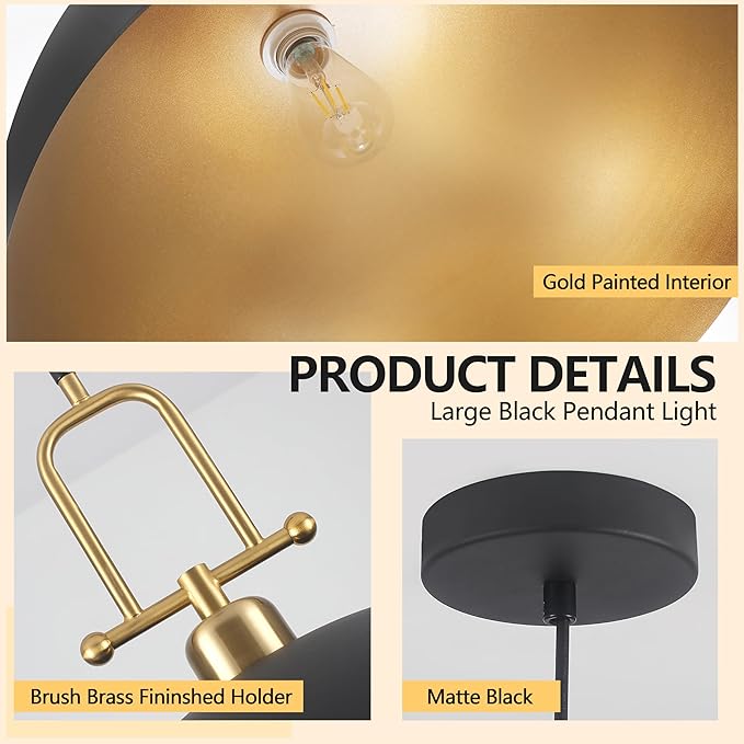 23.7" Oversize Dome Pendant Light, Black and Gold Pendant Light Fixtures Large Dome Chandelier for Dining Room, Kitchen Island, Entryway, Hallway, Bedroom