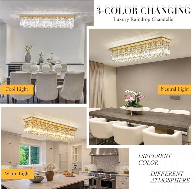 Siljoy Modern Crystal Chandelier 8 Lights Rectangular Gold K9 Crystal Raindrop Chandelier Flush Mount Pendant Ceiling Light Fixture for Dining Room Living Room Kitchen Island Bar 40 Inch