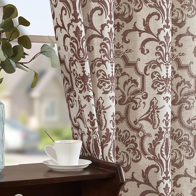 jinchan Linen Curtains for Living Room & Bedroom - Brown Damask Patterned Curtains, 96 Inches Long, Light Filtering, Vintage Baroque Style Drapes with Grommet Window Treatments - 2 Panels Set