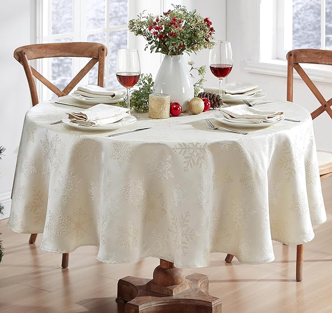 Newbridge Fancy Metallic Snowflake Christmas Fabric Napkins, Set of 4, Ivory Gold, No-Iron Soil Resistant Sparkling Snowflakes Woven Holiday Cloth Napkins
