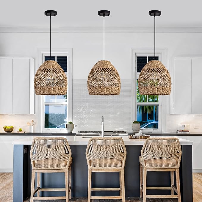 Rustic Rattan Pendant Lights, 13.78" Hand-Woven Farmhouse Light Fixture, Round Ceiling Hanging Chandelier Crafts Lampshade for Kitchen Island Entry Living Room Bedroom Foyer Hallway