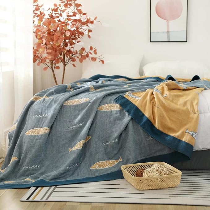 Boho Throw Blanket for Bed 100% Cotton Ultra Soft Rustic Quilt Fall Blanket Fish Printed Farmhouse Decor Bed Blankets,80"×90" All Season Rustic Throw for Sofa Couch Chair