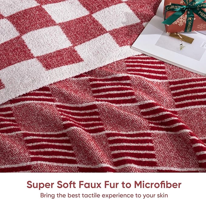 Snuggle Sac Red Checkered Christmas Throw Blanket,Super Soft Reversible Cozy Warm Blanket for Couch Sofa Bedroom,Cute Lightweight Striped Throws for Women,Heather Red,50x60 inches