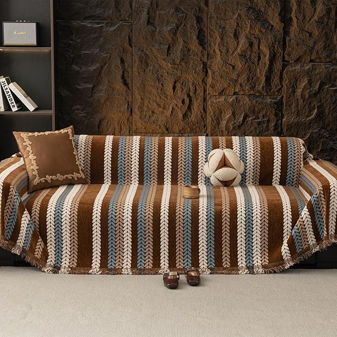 VClife Chenille Couch Cover for Sectional Sofa, Non Slip Couch Cover for 3 Cushion Couch Sofa, Washable Pet Couch Protector for Dog Chic Stripe Jacquard Sofa Slipcover with Tassel, Brown, 71''x134''