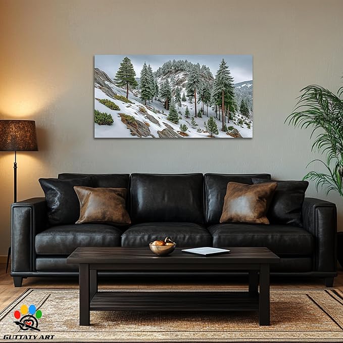 GUTTATY Christmas Winter Scene Canvas Wall Art, Snowy Forest Canvas Prints, Pine Tree Wall Painting, Serene Nature Poster Picture, Tranquil Landscape Wall Decor for Living Room, Bedroom, 48x24 Inch