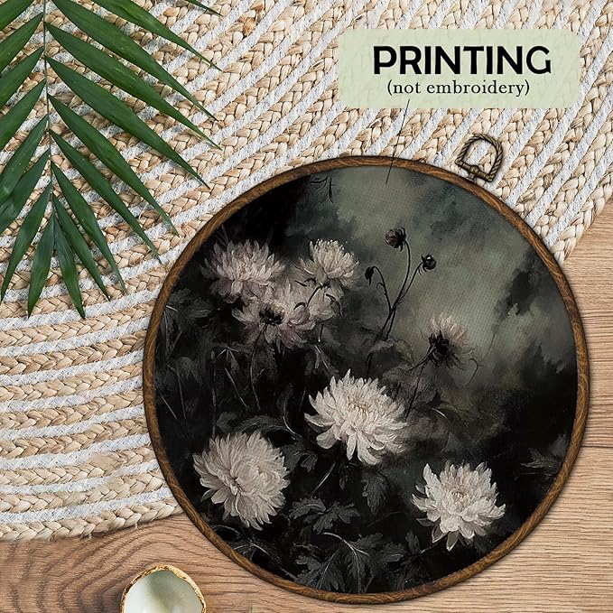 cvjutf Dark Academia White Chrysanthemum Floral Wall Art Decor Framed, Moody Gothic Flower Round Wall Decor, Rustic Dark Cottagecore Botanical Canvas Prints Art for Gallery Bedroom Living Room,10x10