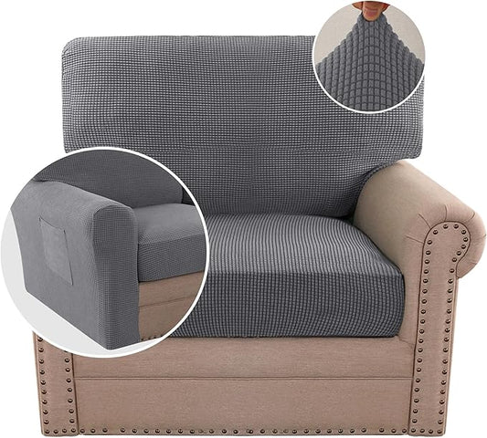 H.VERSAILTEX Multi-Pieces Chair Covers Stretch Couch Covers Form Fitted Seat and Back Cushions Covers (1 Seat Cover Plus 1 Back Cusion Cover, Bonus 2 Armrest Covers), Grey