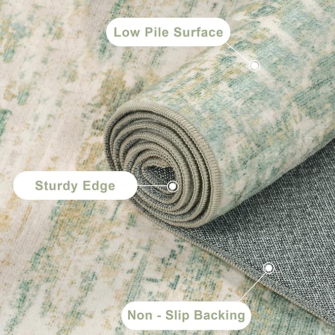5x7 Modern Abstract Rug Washable Area Rugs for Living Room Bedroom Dining Room Non-Slip Low Pile Neutral Large Rug Soft Indoor Floor Carpet, Green