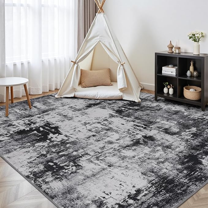 Rugflix 8x10 Area Rugs for Living Room, Washable Large Rug Stain-Resistant Low Pile, Modern Dark Carpet for Dining Room Home Office Kid Room Nursery Bedroom, Black Grey