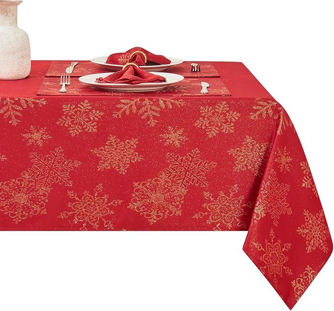 Rectangle Fancy Metallic Sparkling Snowflake Christmas Fabric Table Cloth red Hunter Gold Navy White Silver No-Iron Soil Resistant Woven Holiday Table Cover(Red Gold/60x120Inch)