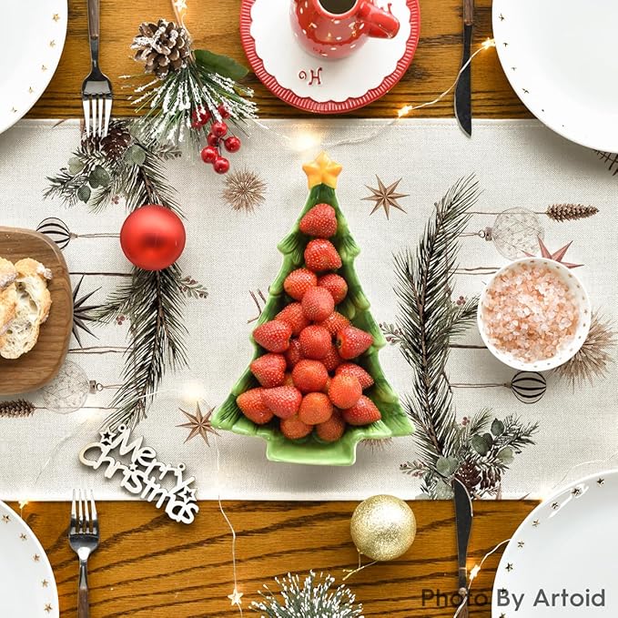 Artoid Mode Xmas Trees Holly Pine Cone Merry Christmas Table Runner, Seasonal Winter Kitchen Dining Table Decoration for Home Party Decor 13x60 Inch