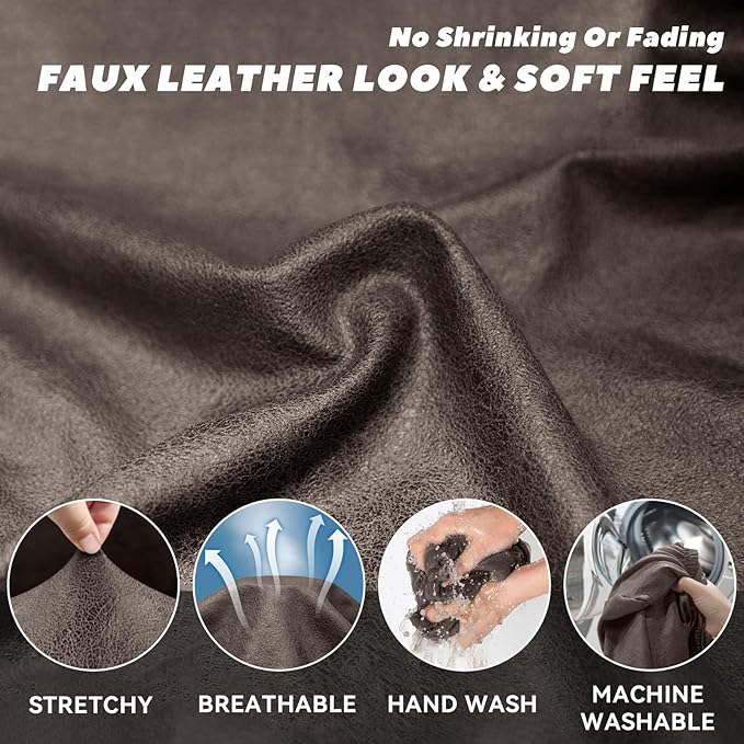 Sofa Slipcover with Armrest Pockets 4-Piece Set, Stretch Faux Leather Extra Large Couch Covers for 3-Cushion Couches(Fits 98-112") - Machine Washable, Pet & Kid Friendly - Light Brown