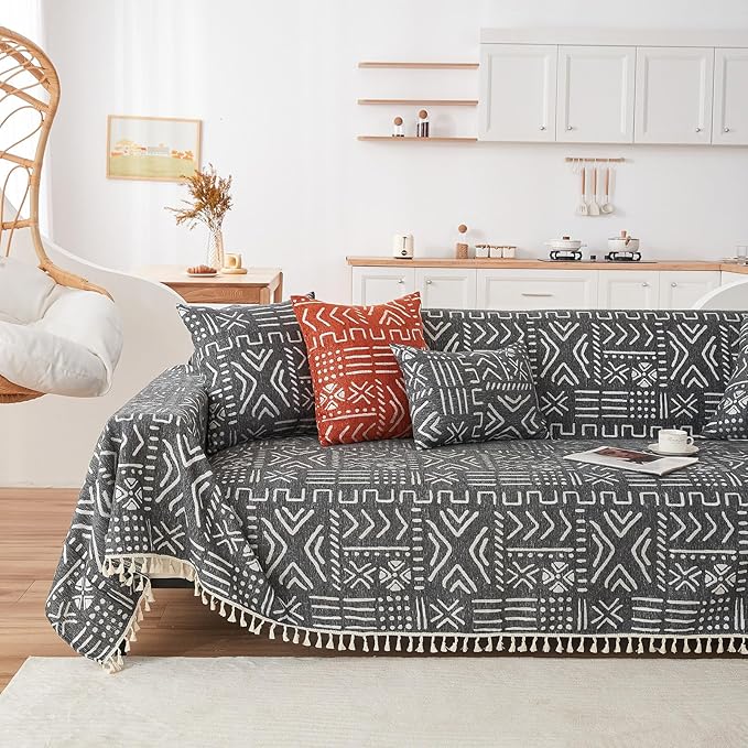 VClife Couch Cover Japanese Style Sofa Cover with Tassel, Soft Chenille Boho Couch Covers Sofa Covers Washable White Black Furniture Cover for Living Room 71''x134''