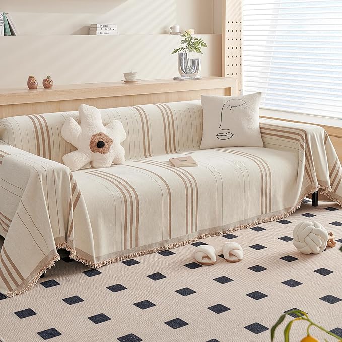 DREAMINGO Couch Cover Reversible Chenille Loveseat Sofa Covers for Dogs Pets Beige Coffee Couch Protector for 2 Cushion Couch Sofa Vertical Stripe Jacquard Sofa Slipcover Sectional, 71"x118"