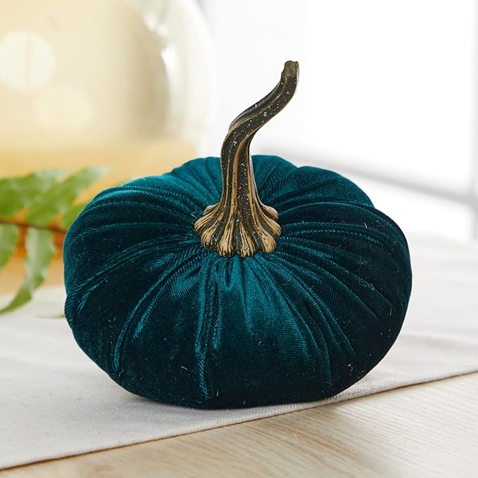 Set of 3 Velvet 6.25 Inch Pumpkins, emerald green accent, fall tablescape, autumn cozy vibe, Thanksgiving centerpiece, hygge home, fall wedding, Halloween indoor decor (Harvest, Gold, Emerald)
