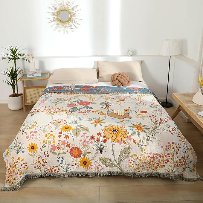 Boho Throw Blanket for Couch Sofa Chair Cotton Blankets for Bedroom Living Room All Season Soft Lightweight Reversible Floral Embroidery Throws 50"x60"